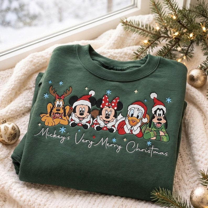 Embroidered Mouse and Friends Christmas Sweatshirt, Matching Family Xmas Trip Shirts, Holiday Crewneck, Cozy Winter Quarter zip Sweater