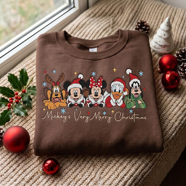 Embroidered Mouse and Friends Christmas Sweatshirt, Matching Family Xmas Trip Shirts, Holiday Crewneck, Cozy Winter Quarter zip Sweater