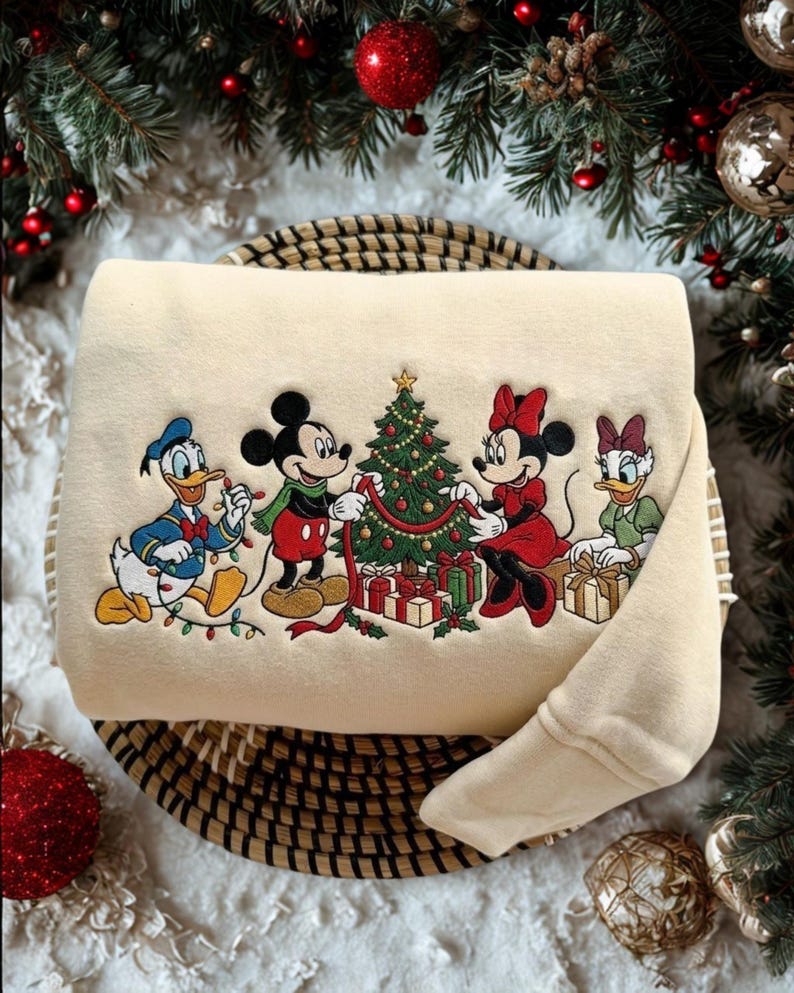 Mickey Minnie Donald Daisy Embroidered Christmas Sweatshirt T-shirt Hoodie, Disney Holiday Crewneck, Vintage Christmas Embroidery Sweater