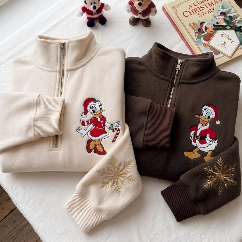 Embroidered Mickey Minnie Donald Daisy Duck Christmas Quarter Zip Sweatshirt Hoodie, Disneyland Couple Crewneck, Disney Christmas Gift