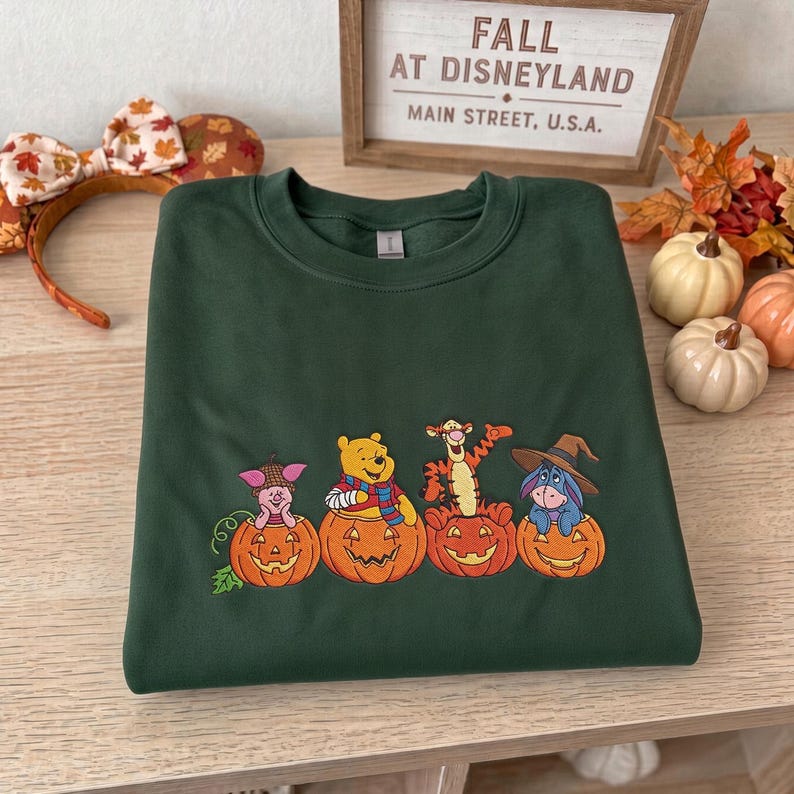 Winnie the Pooh Halloween Embroidered Sweatshirt, Pooh Piglet Tigger Eeyore Fall T-shirt, Pumpkin Embroidery Crewneck, Cozy Autumn Spooky