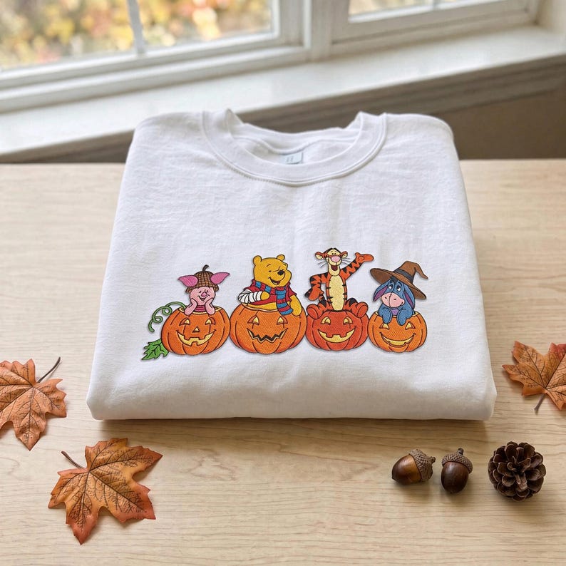Winnie the Pooh Halloween Embroidered Sweatshirt, Pooh Piglet Tigger Eeyore Fall T-shirt, Pumpkin Embroidery Crewneck, Cozy Autumn Spooky