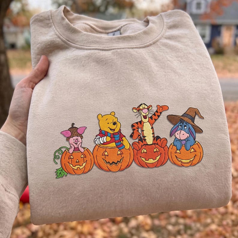 Winnie the Pooh Halloween Embroidered Sweatshirt, Pooh Piglet Tigger Eeyore Fall T-shirt, Pumpkin Embroidery Crewneck, Cozy Autumn Spooky