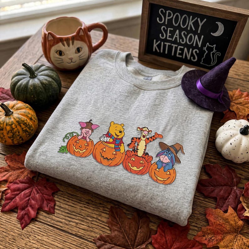 Winnie the Pooh Halloween Embroidered Sweatshirt, Pooh Piglet Tigger Eeyore Fall T-shirt, Pumpkin Embroidery Crewneck, Cozy Autumn Spooky