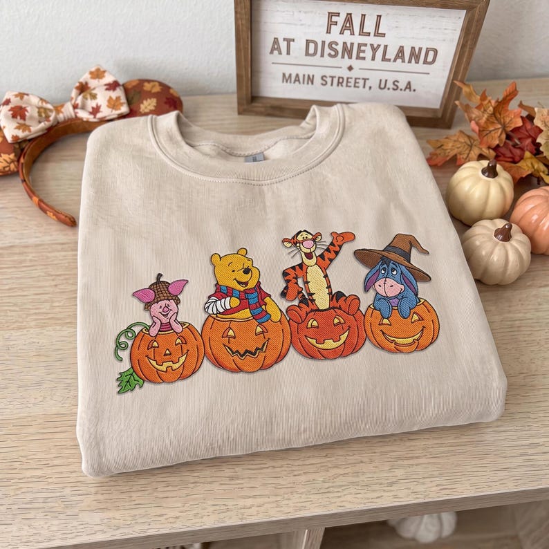 Winnie the Pooh Halloween Embroidered Sweatshirt, Pooh Piglet Tigger Eeyore Fall T-shirt, Pumpkin Embroidery Crewneck, Cozy Autumn Spooky