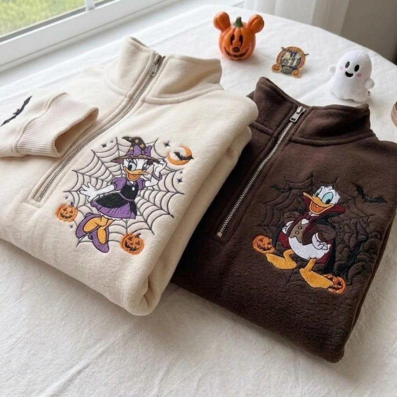 EMBROIDERED Daisy Donald Halloween Quarter Zip Sweatshirt, Disney Pumpkin Pullover, Matching Couple Fall Sweater, Halloween Matching
