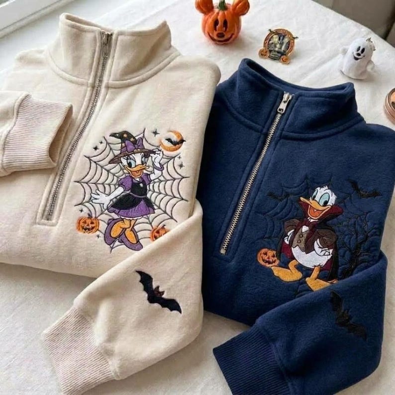 EMBROIDERED Daisy Donald Halloween Quarter Zip Sweatshirt, Disney Pumpkin Pullover, Matching Couple Fall Sweater, Halloween Matching