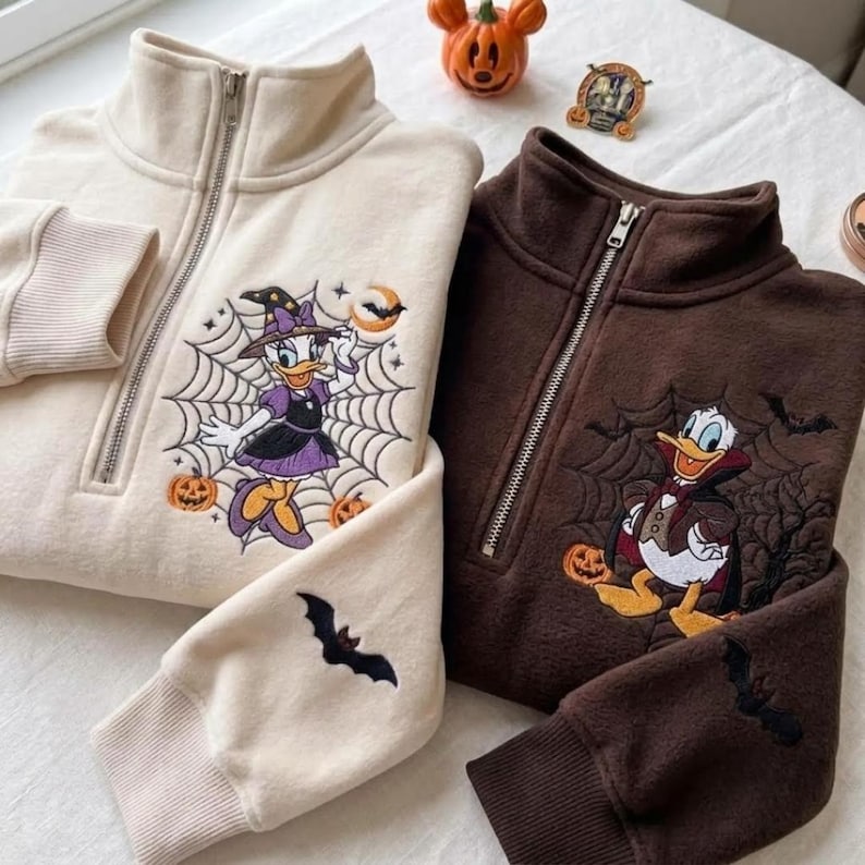 EMBROIDERED Daisy Donald Halloween Quarter Zip Sweatshirt, Disney Pumpkin Pullover, Matching Couple Fall Sweater, Halloween Matching