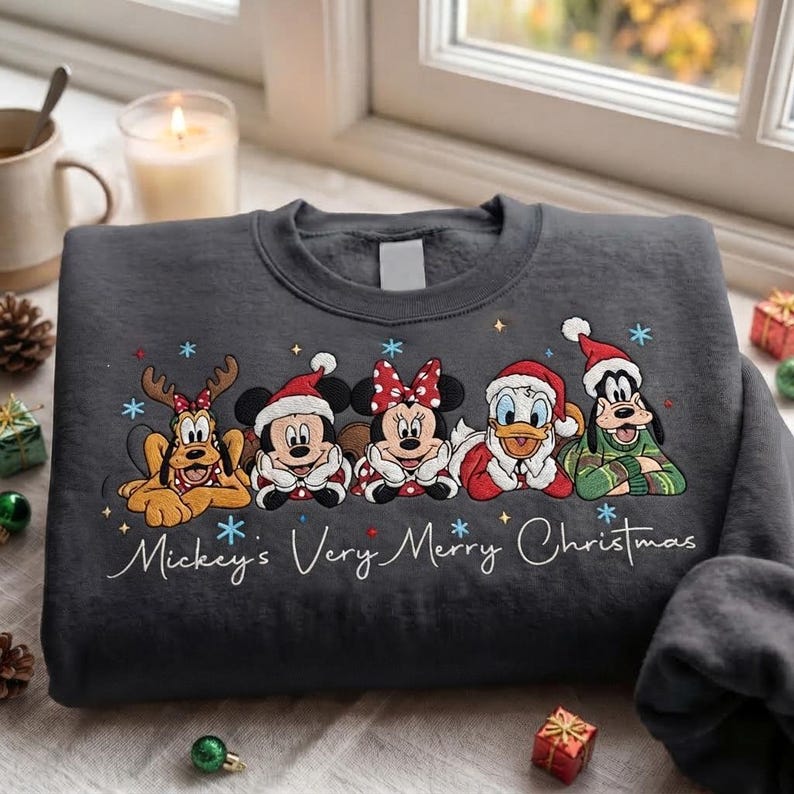 Embroidered Mouse and Friends Christmas Sweatshirt, Matching Family Xmas Trip Shirts, Holiday Crewneck, Cozy Winter Quarter zip Sweater