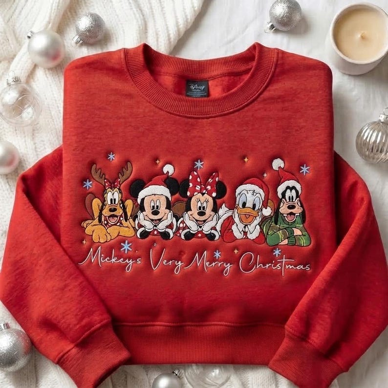 Embroidered Mouse and Friends Christmas Sweatshirt, Matching Family Xmas Trip Shirts, Holiday Crewneck, Cozy Winter Quarter zip Sweater
