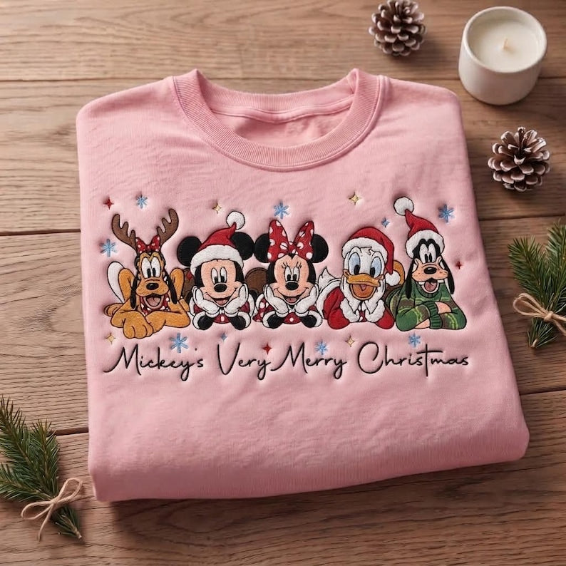 Embroidered Mouse and Friends Christmas Sweatshirt, Matching Family Xmas Trip Shirts, Holiday Crewneck, Cozy Winter Quarter zip Sweater