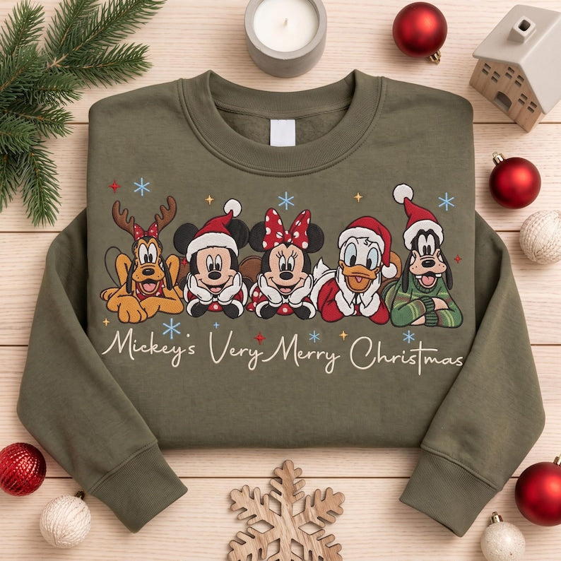 Embroidered Mouse and Friends Christmas Sweatshirt, Matching Family Xmas Trip Shirts, Holiday Crewneck, Cozy Winter Quarter zip Sweater