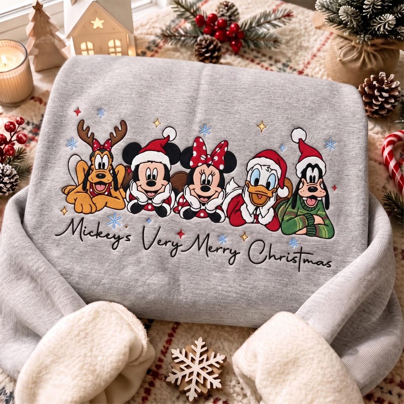 Embroidered Mouse and Friends Christmas Sweatshirt, Matching Family Xmas Trip Shirts, Holiday Crewneck, Cozy Winter Quarter zip Sweater
