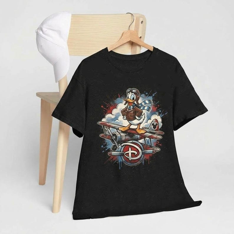 Disney Aviator Donald Duck Airplane T-Shirt, Vintage Biplane Pilot Disney Vacation Black Tee, Classic Cartoon Flight Ace Unisex Shirt