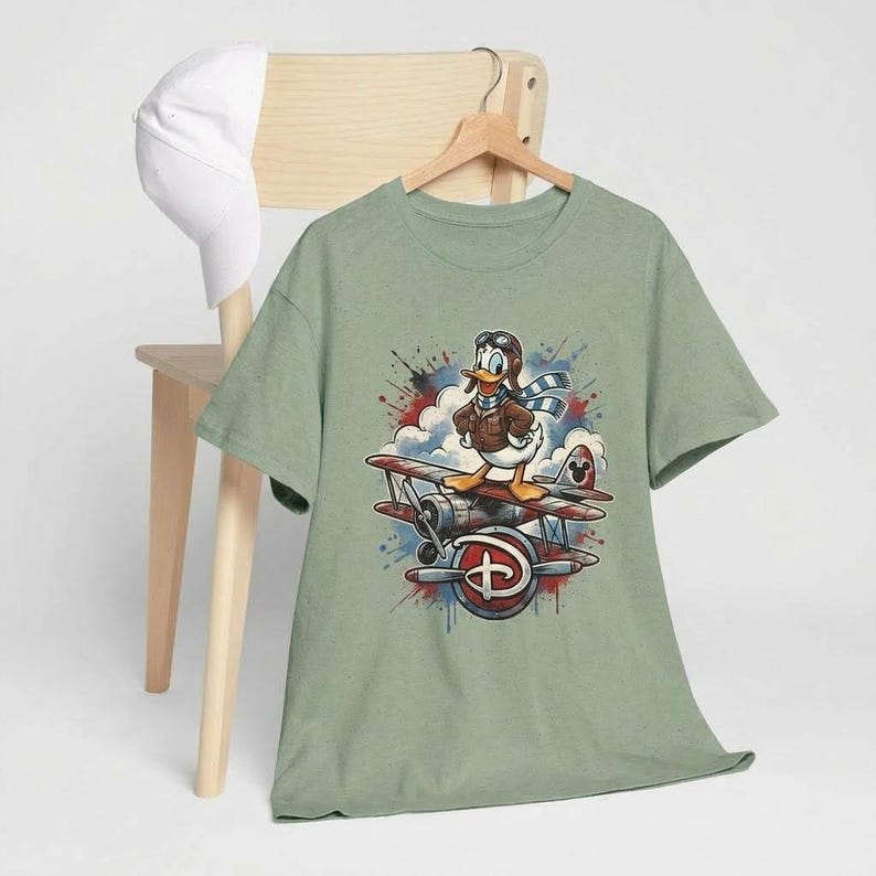 Disney Aviator Donald Duck Airplane T-Shirt, Vintage Biplane Pilot Disney Vacation Black Tee, Classic Cartoon Flight Ace Unisex Shirt