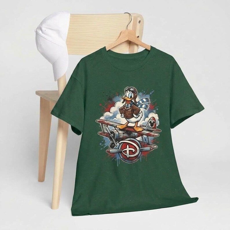 Disney Aviator Donald Duck Airplane T-Shirt, Vintage Biplane Pilot Disney Vacation Black Tee, Classic Cartoon Flight Ace Unisex Shirt