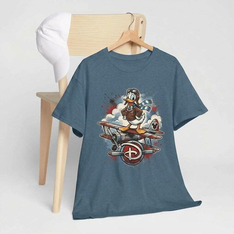 Disney Aviator Donald Duck Airplane T-Shirt, Vintage Biplane Pilot Disney Vacation Black Tee, Classic Cartoon Flight Ace Unisex Shirt
