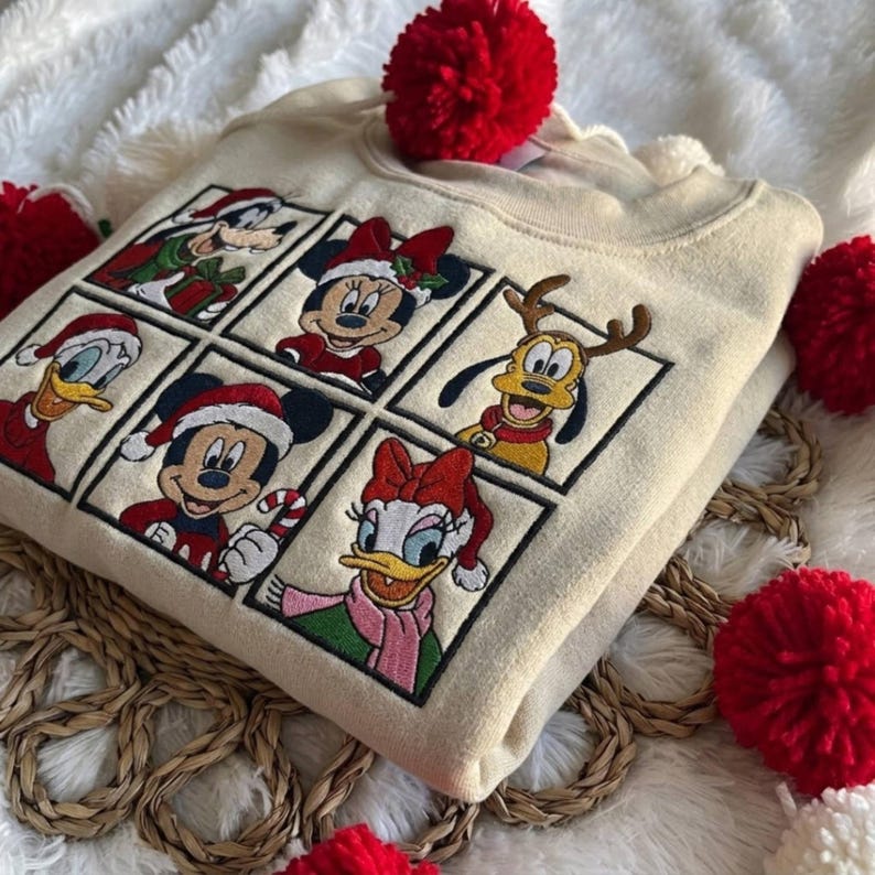 Mickey & Friends Christmas Embroidered Sweatshirt, Mickey Minnie Donald Daisy Pluto Holiday Crewneck, Disney Christmas T-shirt, Xmas Gift