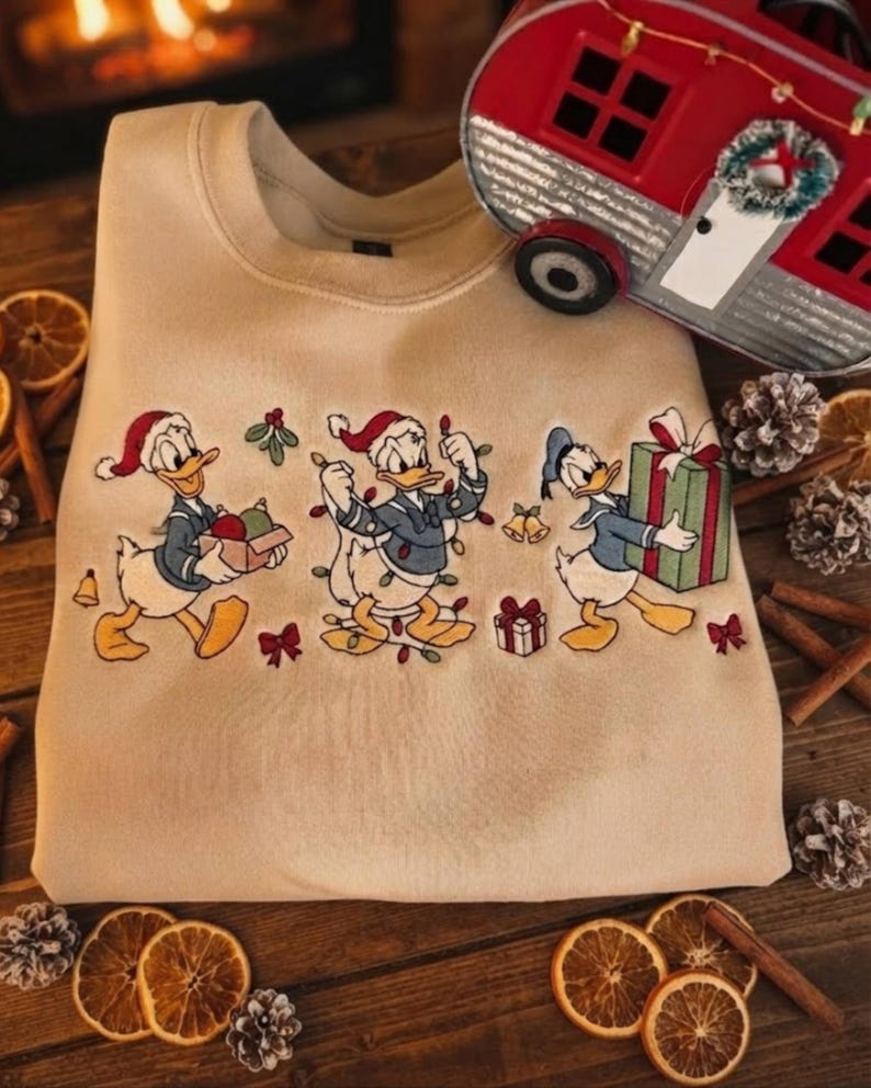 Donald Duck Christmas Embroidered Sweatshirt, Donald Holiday Crewneck, Disney Christmas Embroidery T-shirt, Festive Xmas Gift