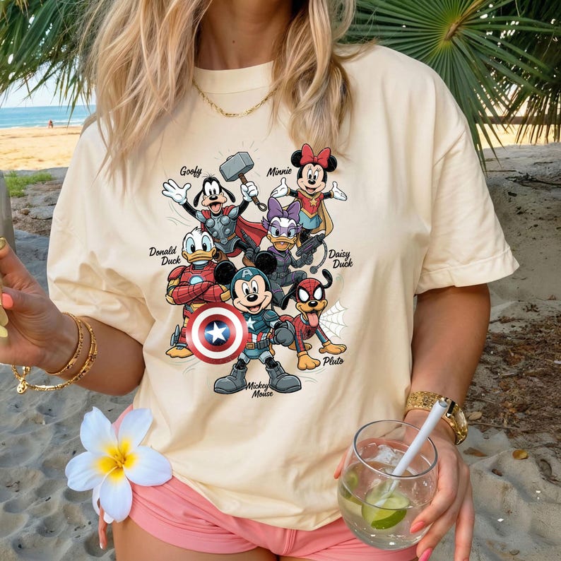 Disney Marvel Superhero Character Shirt, Mickey Mouse Avengers T-Shirt, Minnie Mouse Donald Duck Goofy Daisy Pluto Comic Tee