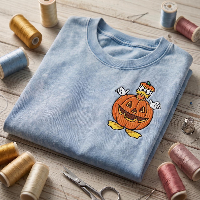 Embroidered Donald Duck Pumpkin Washed Tee, Spooky Disney Donald Duck Halloween Shirt, Disneyland Vacation Shirt, Disney Park Outfit
