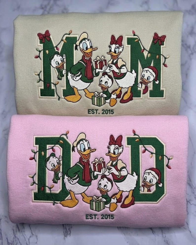 Embroidered Donald Daisy Duck Mom Dad Sweatshirt, Custom Disney Christmas Family T-shirt, Donald Duck Xmas Sweater, Disney Couple Xmas Gift