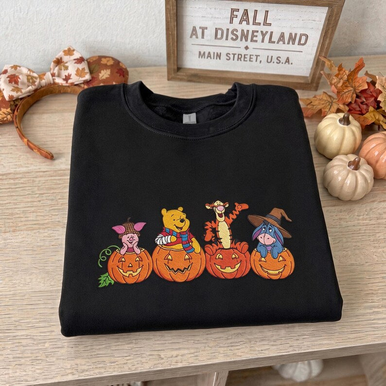 Winnie the Pooh Halloween Embroidered Sweatshirt, Pooh Piglet Tigger Eeyore Fall T-shirt, Pumpkin Embroidery Crewneck, Cozy Autumn Spooky