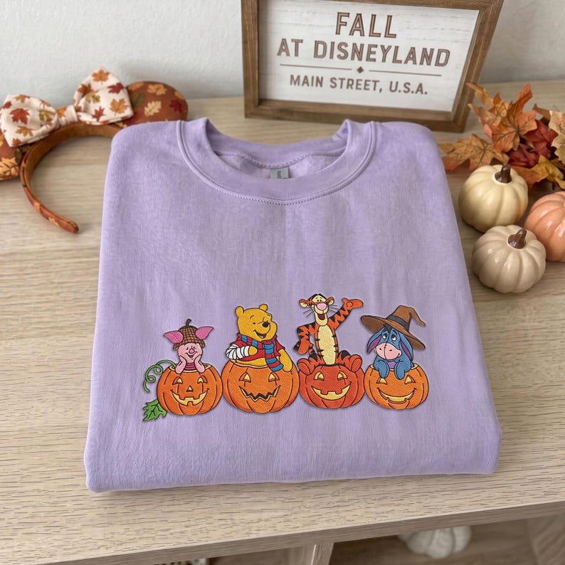Winnie the Pooh Halloween Embroidered Sweatshirt, Pooh Piglet Tigger Eeyore Fall T-shirt, Pumpkin Embroidery Crewneck, Cozy Autumn Spooky