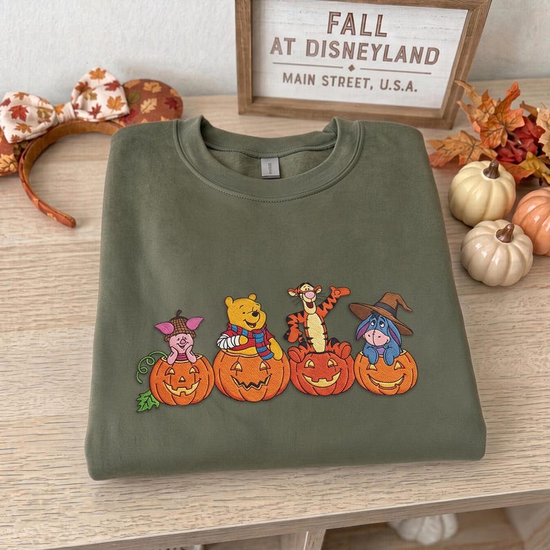 Winnie the Pooh Halloween Embroidered Sweatshirt, Pooh Piglet Tigger Eeyore Fall T-shirt, Pumpkin Embroidery Crewneck, Cozy Autumn Spooky