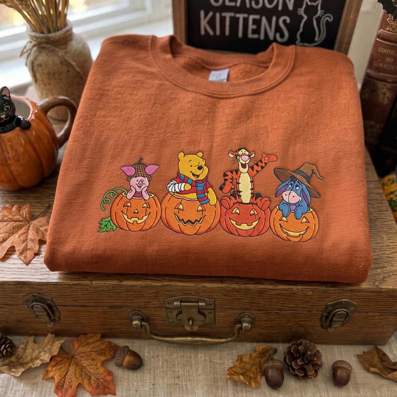 Winnie the Pooh Halloween Embroidered Sweatshirt, Pooh Piglet Tigger Eeyore Fall T-shirt, Pumpkin Embroidery Crewneck, Cozy Autumn Spooky