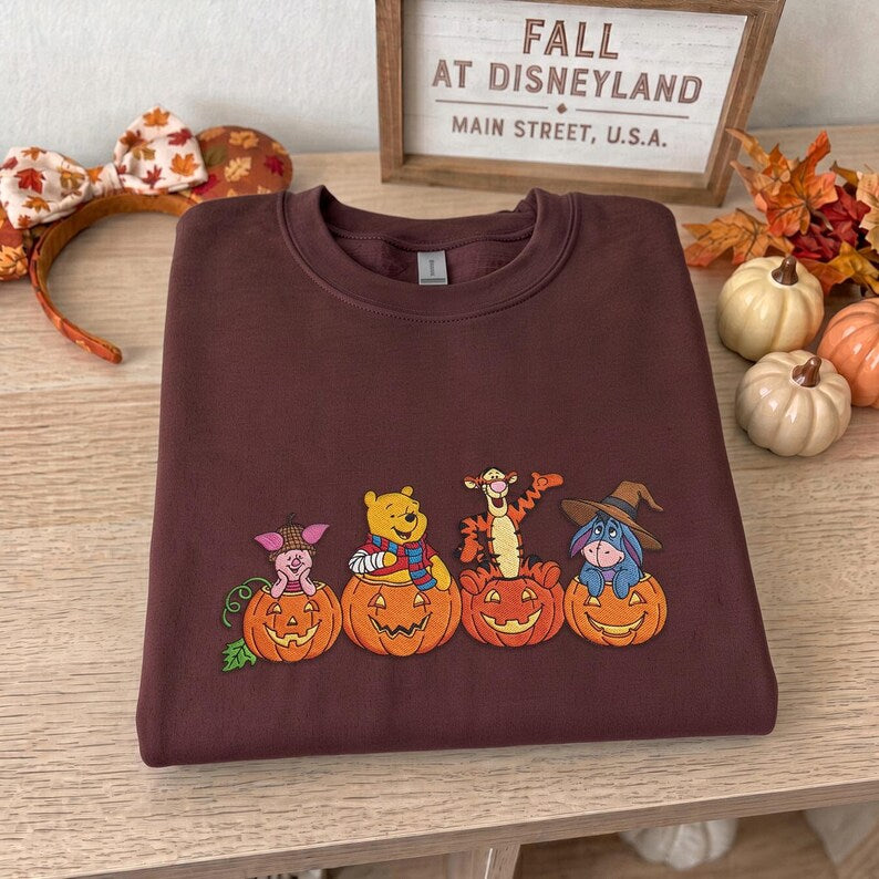 Winnie the Pooh Halloween Embroidered Sweatshirt, Pooh Piglet Tigger Eeyore Fall T-shirt, Pumpkin Embroidery Crewneck, Cozy Autumn Spooky