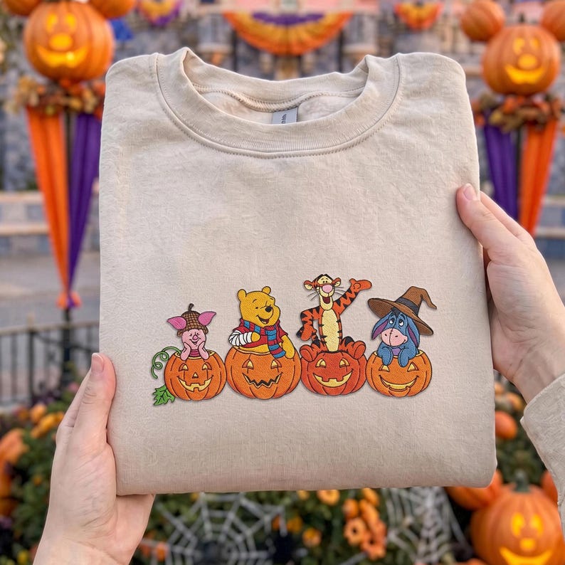 Winnie the Pooh Halloween Embroidered Sweatshirt, Pooh Piglet Tigger Eeyore Fall T-shirt, Pumpkin Embroidery Crewneck, Cozy Autumn Spooky