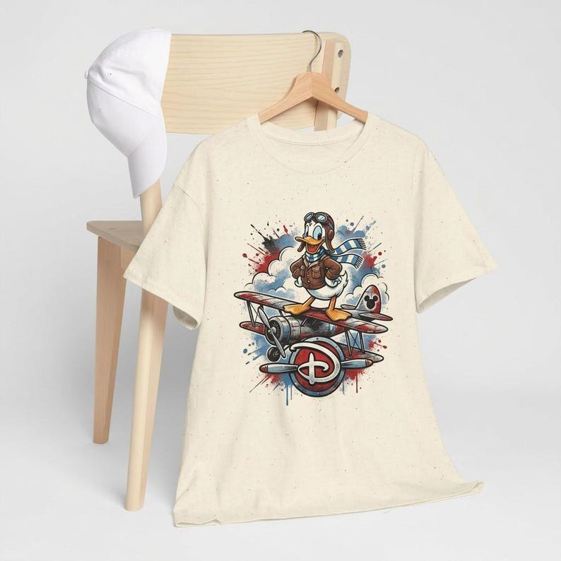 Disney Aviator Donald Duck Airplane T-Shirt, Vintage Biplane Pilot Disney Vacation Black Tee, Classic Cartoon Flight Ace Unisex Shirt