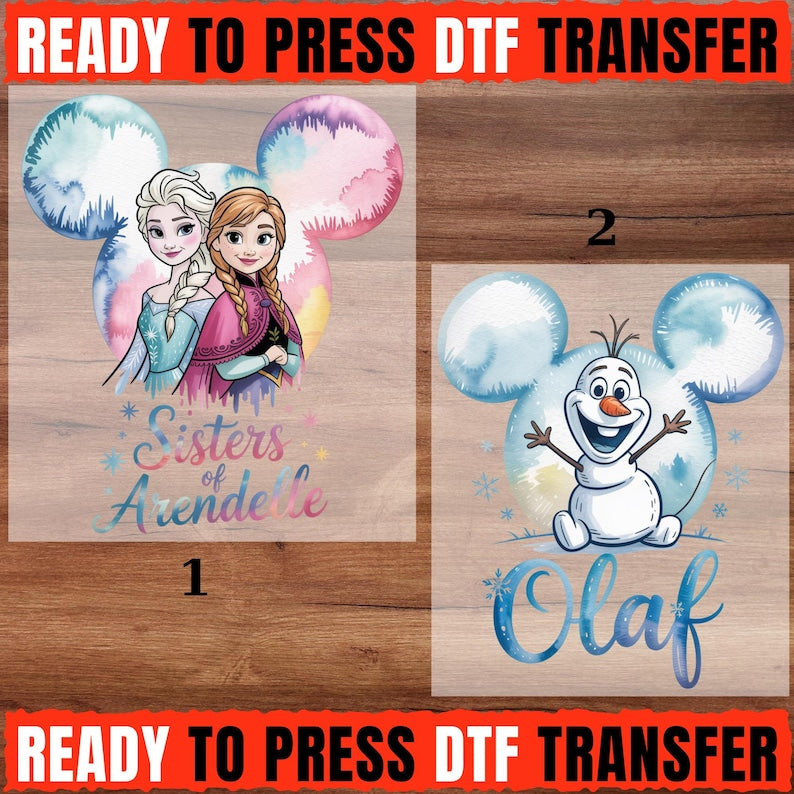 Frozen DTF Transfer, Elsa Anna Olaf Ready to Press, Sisters of Arendelle DTF, Frozen Characters Shirt Transfer, Olaf Snowman DTF