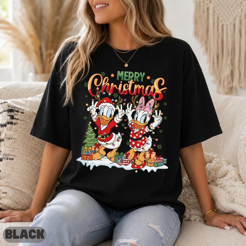 Disney Christmas Donald Daisy Shirt, Duck Duo Family Gift Matching Sweatshirt Top, Cute Matching Top, Lights Dance Antlers Graphic Tee