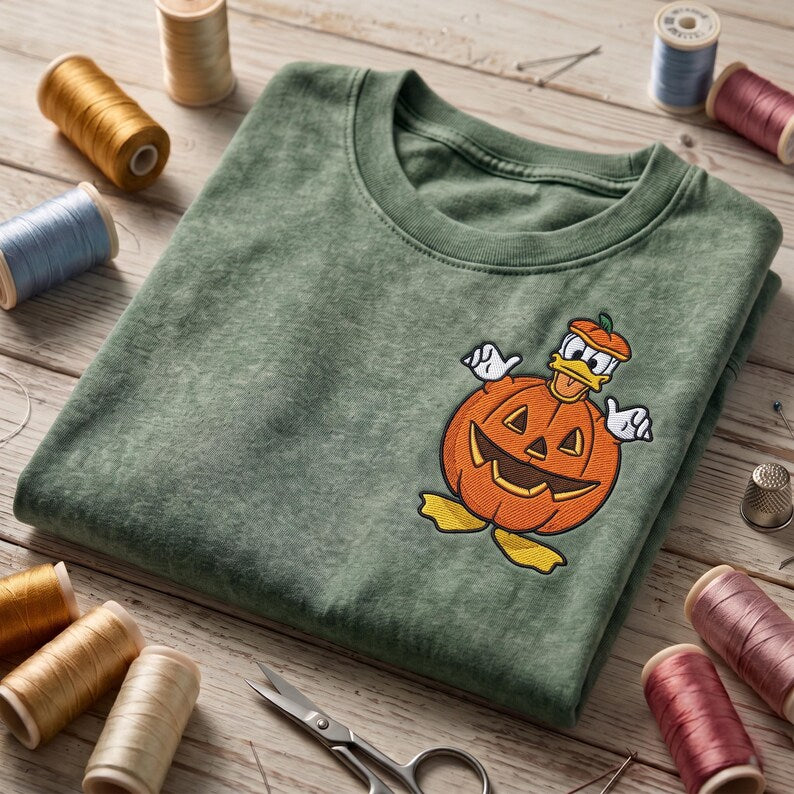 Embroidered Donald Duck Pumpkin Washed Tee, Spooky Disney Donald Duck Halloween Shirt, Disneyland Vacation Shirt, Disney Park Outfit