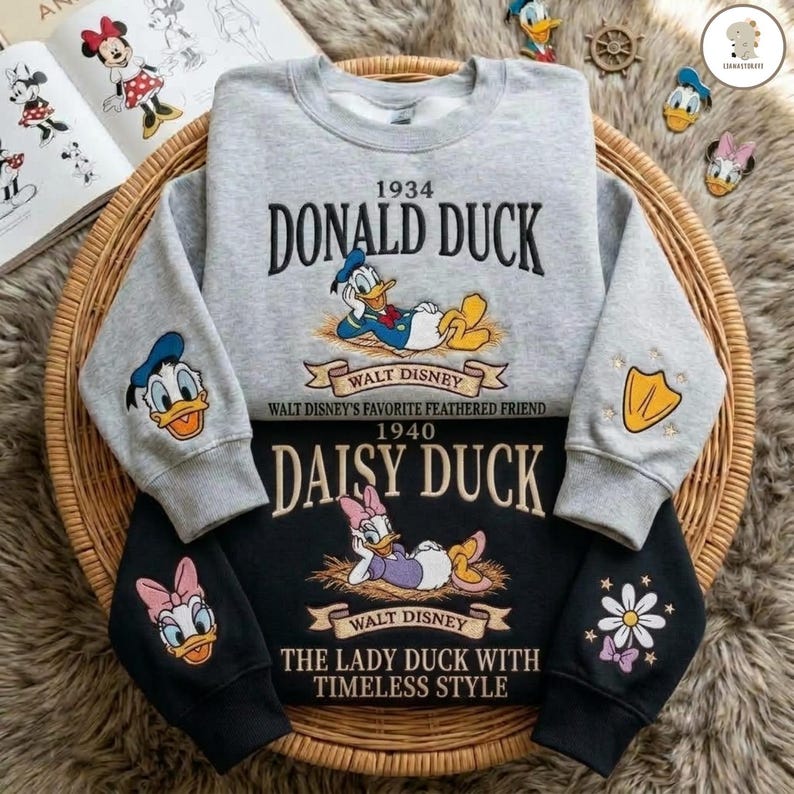 Donald Duck And Daisy Duck Embroidered Sweatshirt, Vintage Disney-land Couple Duck Crewneck, Cartoon Duck Sleeve Embroidery Shirt