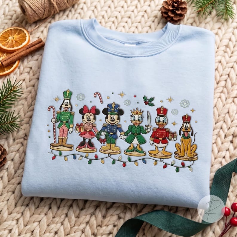 Disney Christmas Characters Embroidered Sweatshirt, Mickey Minnie Donald Goofy Pluto Nutcracker Crewneck, Festive Holiday Sweater Gift