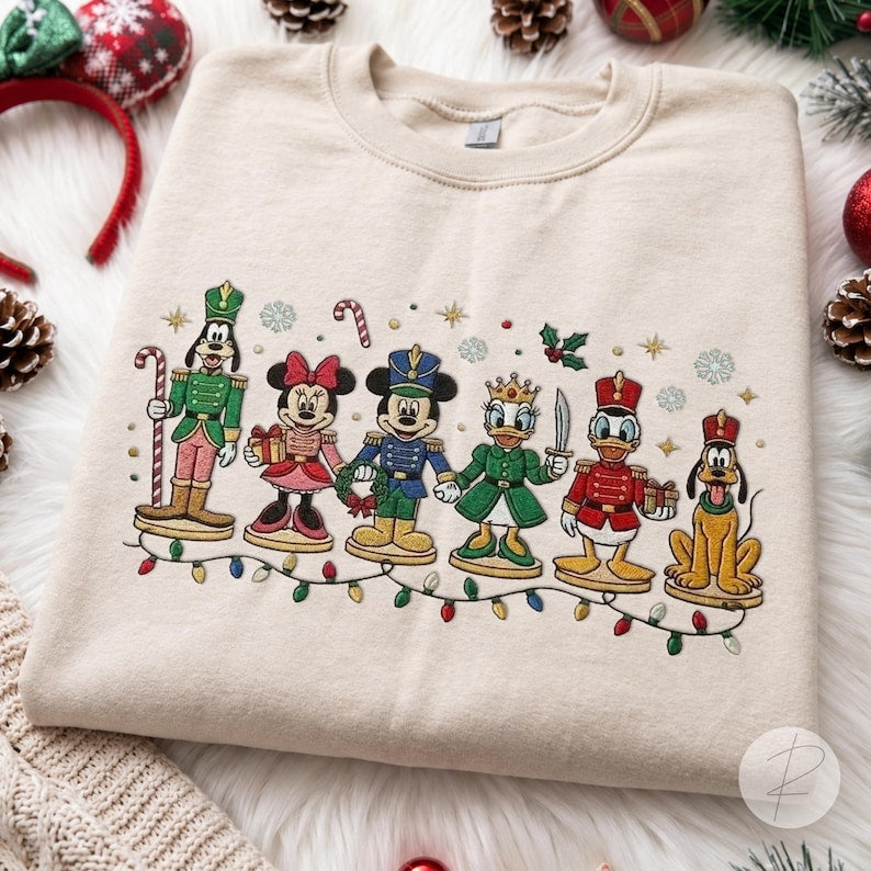 Disney Christmas Characters Embroidered Sweatshirt, Mickey Minnie Donald Goofy Pluto Nutcracker Crewneck, Festive Holiday Sweater Gift
