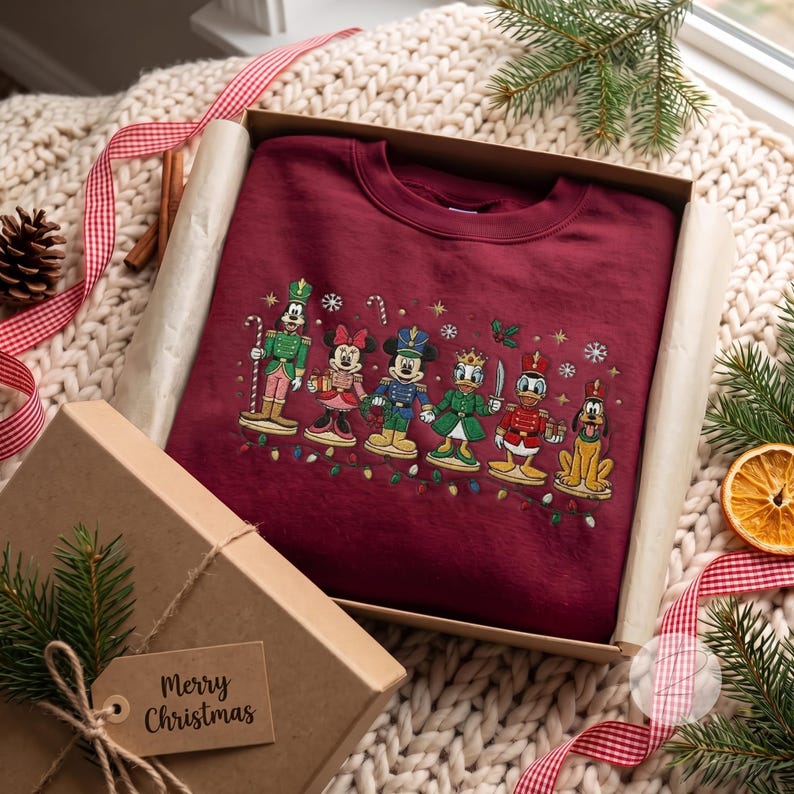Disney Christmas Characters Embroidered Sweatshirt, Mickey Minnie Donald Goofy Pluto Nutcracker Crewneck, Festive Holiday Sweater Gift