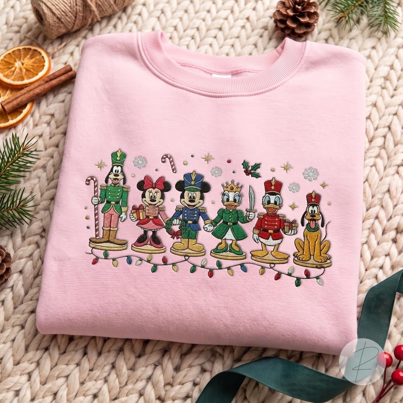 Disney Christmas Characters Embroidered Sweatshirt, Mickey Minnie Donald Goofy Pluto Nutcracker Crewneck, Festive Holiday Sweater Gift