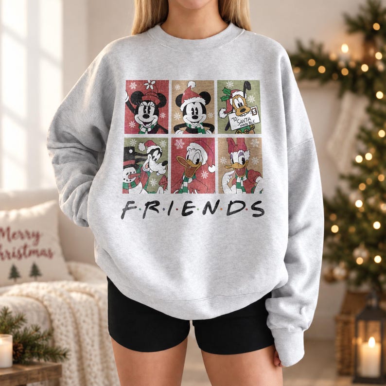 Christmas Disney Friends Sweatshirt, Mickey Minnie Mouse Christmas Sweater, Donald Duck Daisy Goofy Pluto Vintage Holiday Crewneck