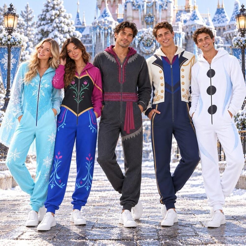 WDW Frozen Christmas Jumpsuit Pajamas, Elsa Anna Kristoff Hans Olaf Costume Onesie, Matching Character Group Outfit, Christmas Party Costume