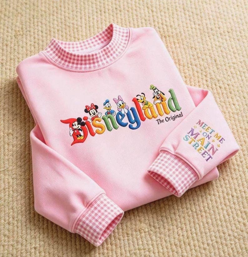 Disneyland Embroidered Gingham Sweatshirt, Mickey Minnie Donald Daisy Duck Goofy Pluto Main Street Disney Crewneck, Disney Friends Outfit
