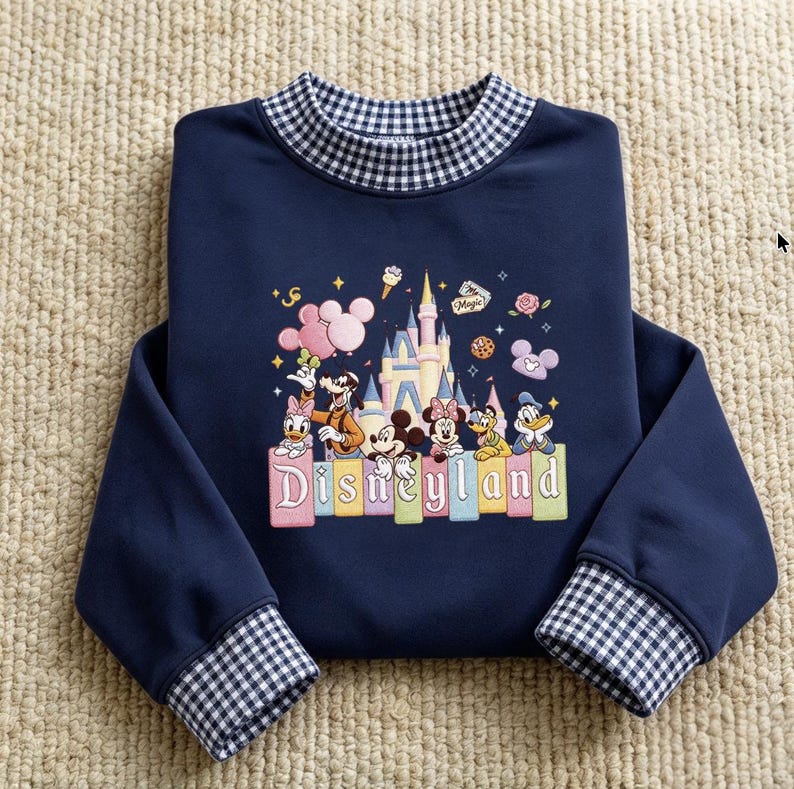 Disneyland Embroidered Gingham Sweatshirt, Mickey Minnie Mouse Castle Crewneck, Donald Daisy Duck Goofy Pluto Shirt, Disney Vacation Gift