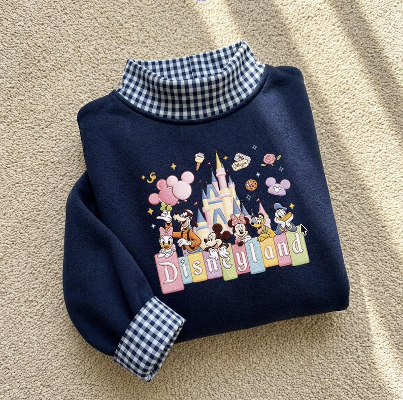 Disneyland Embroidered Gingham Sweatshirt, Mickey Minnie Mouse Castle Crewneck, Donald Daisy Duck Goofy Pluto Shirt, Disney Vacation Gift