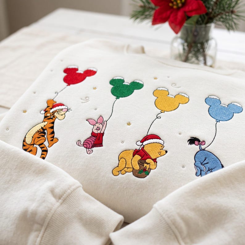 Embroidered Magical Bear Balloon Sweatshirt, Kingdom Winter Holiday Crewneck, Festive Hundred Acre Sweater, Magic Trip Gift Season Shirt