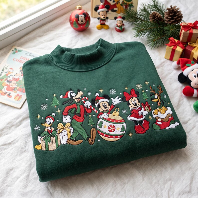 Christmas Character Embroidered Mock Neck Sweatshirt, Festive Holiday Friends Pullover, Cute Christmas Crewneck, Holiday Gift