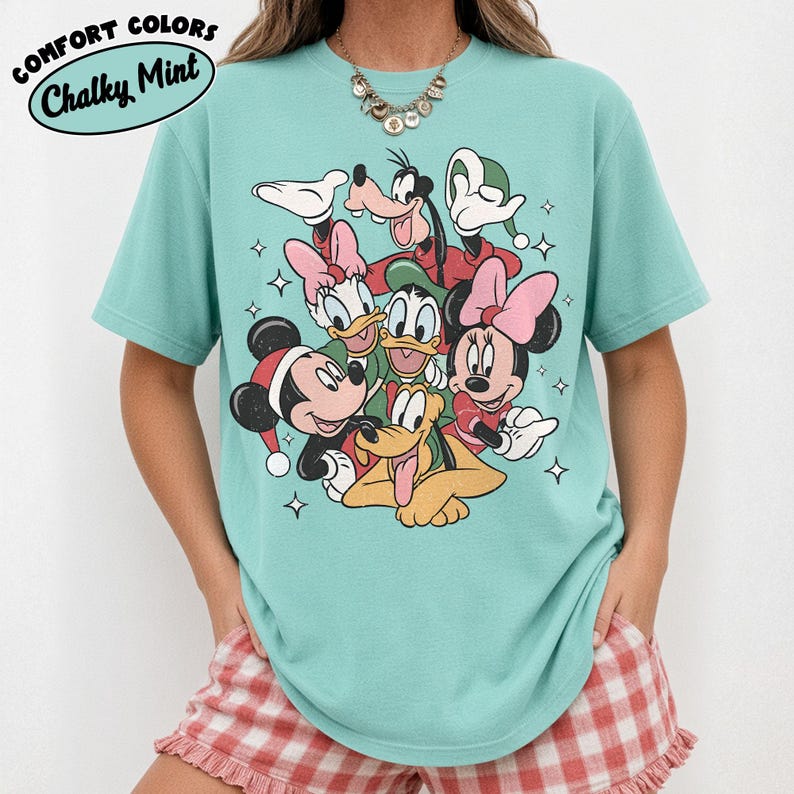 Disney Christmas Shirt, Comfort Colors Mickey Minnie Holiday Tee, Retro Disney Characters Tee, Goofy Donald Daisy Pluto Family Vacation Gift