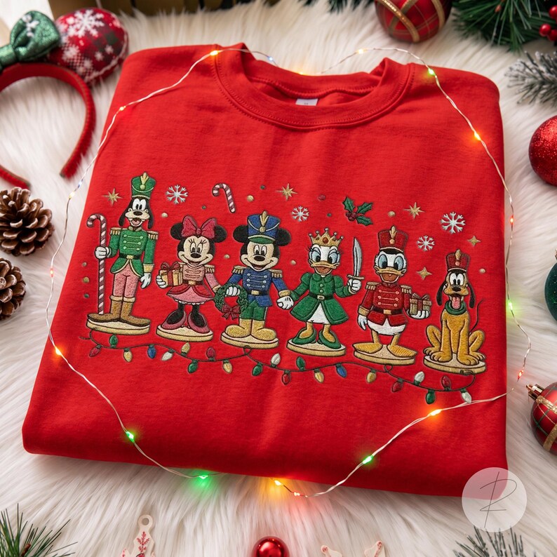 Disney Christmas Characters Embroidered Sweatshirt, Mickey Minnie Donald Goofy Pluto Nutcracker Crewneck, Festive Holiday Sweater Gift